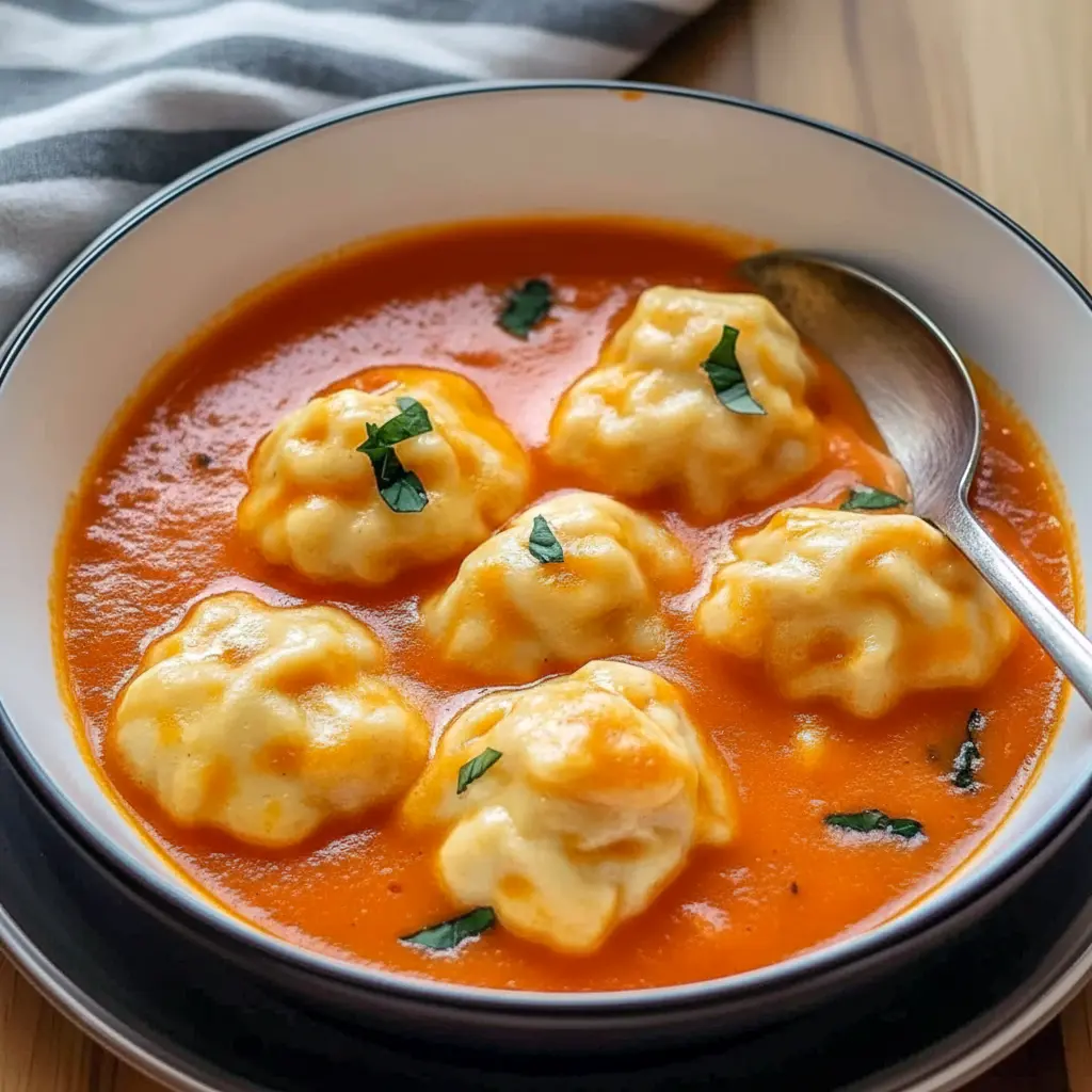 Overhead shot of a steaming bowl of tomato soup topped with golden, fluffy cheese dumplings and a scattering of fresh herbs, served with crusty bread, Easy Soups.