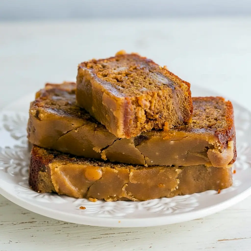 Sliced caramel macchiato banana bread on a wooden board, glossy brown-sugar glaze dripping, with a halved banana and a small jar of caramel beside it, Best Caramel Banana Bread.