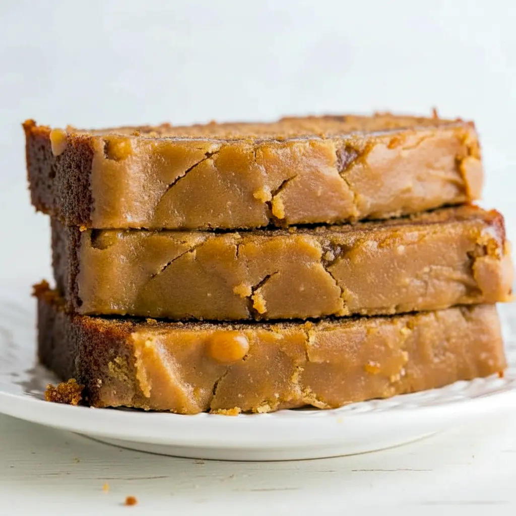 Sliced caramel macchiato banana bread on a wooden board, glossy brown-sugar glaze dripping, with a halved banana and a small jar of caramel beside it, Best Caramel Banana Bread.