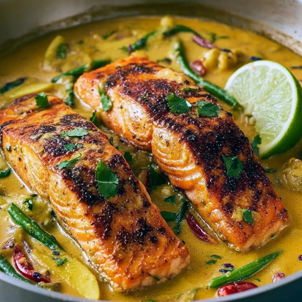 Pan-seared salmon fillet in a creamy tropical sauce with red and green bell peppers, garnished with fresh thyme and served over jasmine rice, Coconut Curry.