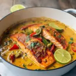 Pan-seared salmon fillet in a creamy tropical sauce with red and green bell peppers, garnished with fresh thyme and served over jasmine rice, Coconut Curry.