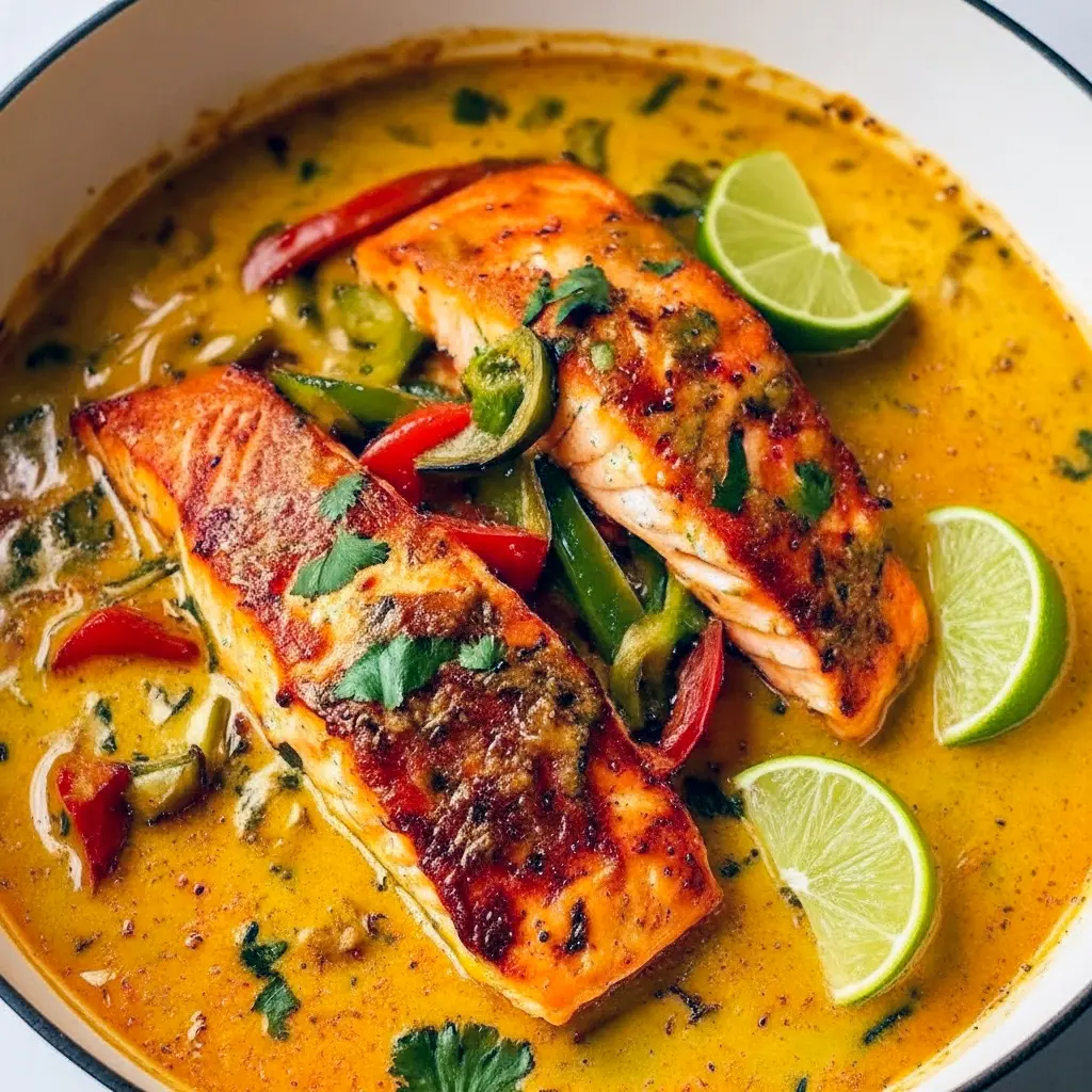 Pan-seared salmon fillet in a creamy tropical sauce with red and green bell peppers, garnished with fresh thyme and served over jasmine rice, Coconut Curry.