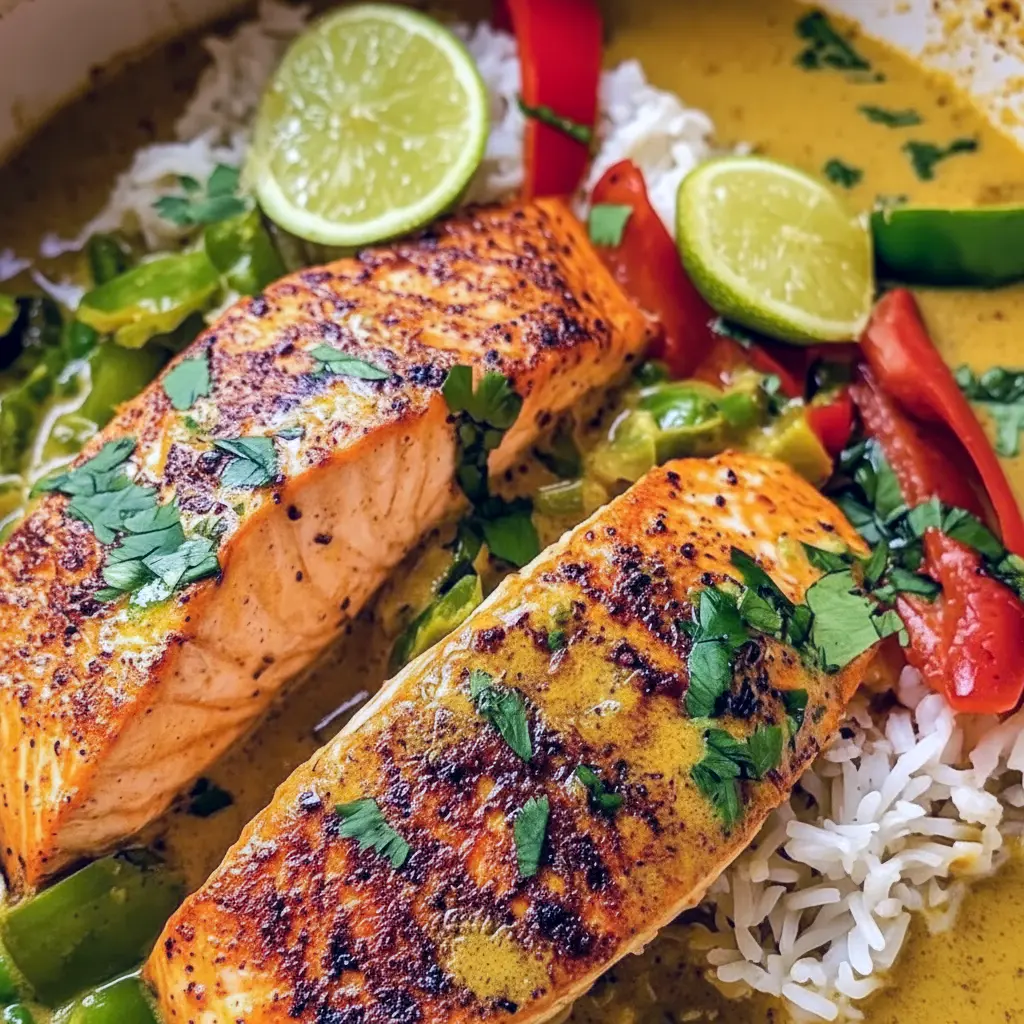 Pan-seared salmon fillet in a creamy tropical sauce with red and green bell peppers, garnished with fresh thyme and served over jasmine rice, Coconut Curry.