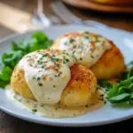 Golden-brown crescent-wrapped chicken pillows topped with creamy Parmesan sauce on a plate, Chicken Pillows With Creamy Parmesan Sauce.