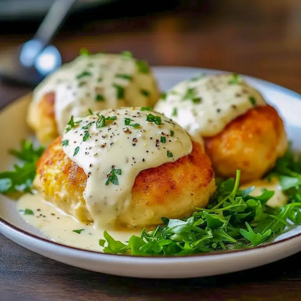 Golden-brown crescent-wrapped chicken pillows topped with creamy Parmesan sauce on a plate, Chicken Pillows With Creamy Parmesan Sauce.