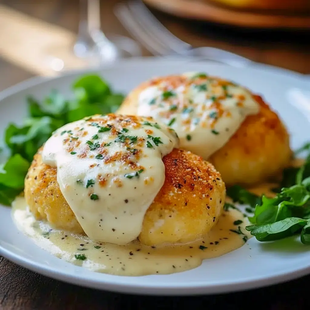 Golden-brown crescent-wrapped chicken pillows topped with creamy Parmesan sauce on a plate, Chicken Pillows With Creamy Parmesan Sauce.