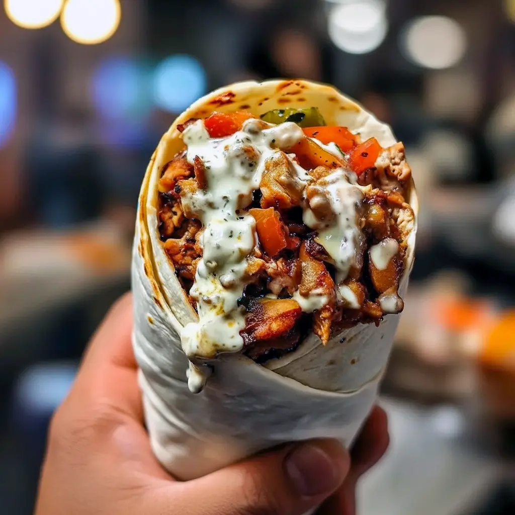 Close-up of sliced Middle Eastern Chicken Shawarma wrapped in pita with garlic sauce, tomatoes, and pickles — a Middle Eastern Inspired Shawarma photo that reads like a Traditional Chicken Shawarma Recipe and belongs in your Chicken Shawarma Recipes board, Best Shawarma Recipe.