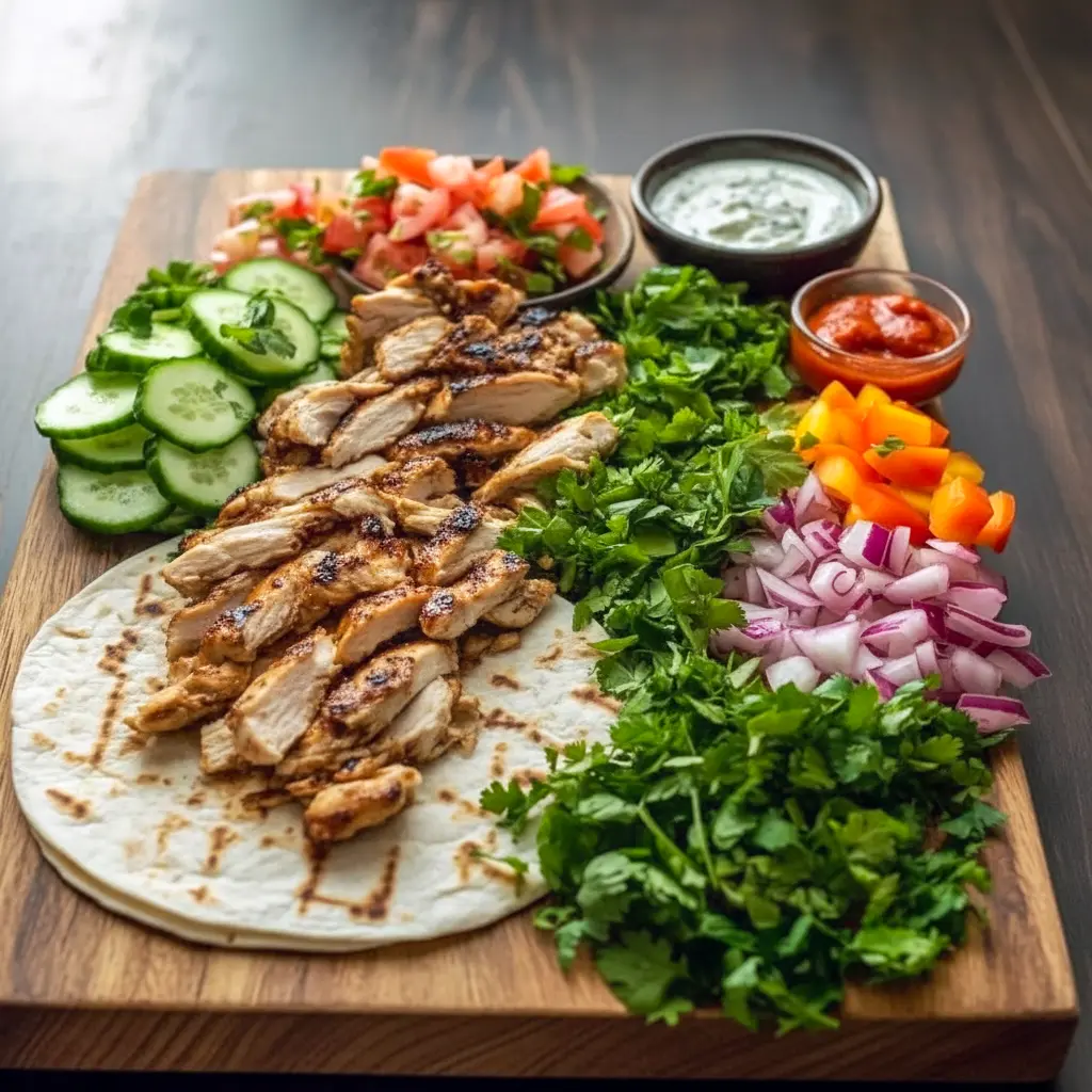Close-up of sliced Middle Eastern Chicken Shawarma wrapped in pita with garlic sauce, tomatoes, and pickles — a Middle Eastern Inspired Shawarma photo that reads like a Traditional Chicken Shawarma Recipe and belongs in your Chicken Shawarma Recipes board, Best Shawarma Recipe.