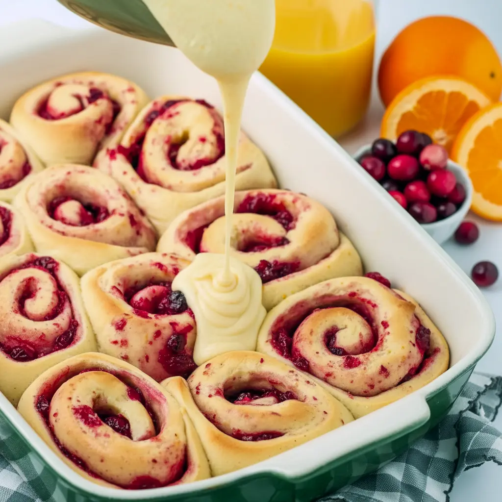 Glazed Orange Sweet Rolls on a platter — a cozy Holiday Baking scene ready for Thanksgiving Brunch; a bite shows jam, perfect Breakfast Sweets inspired by top Cranberry Recipes for Christmas Breakfast, a classic Sweet Roll for Breakfast Brunch Recipes or a Boulangerie display.