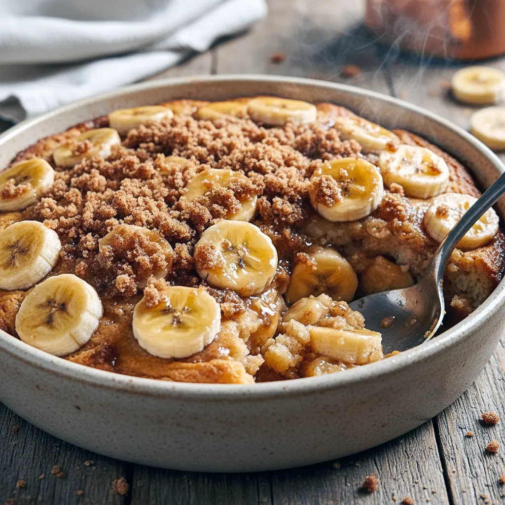 Close-up of a bubbling cobbler with caramelized banana slices under a golden biscuit topping, drizzled with caramel and a scoop of melting vanilla ice cream, Bananas Foster.