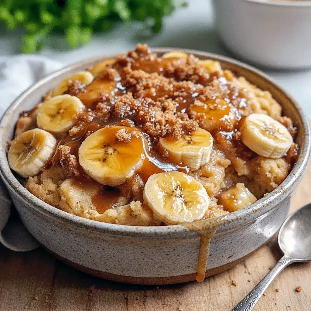 Close-up of a bubbling cobbler with caramelized banana slices under a golden biscuit topping, drizzled with caramel and a scoop of melting vanilla ice cream, Bananas Foster.