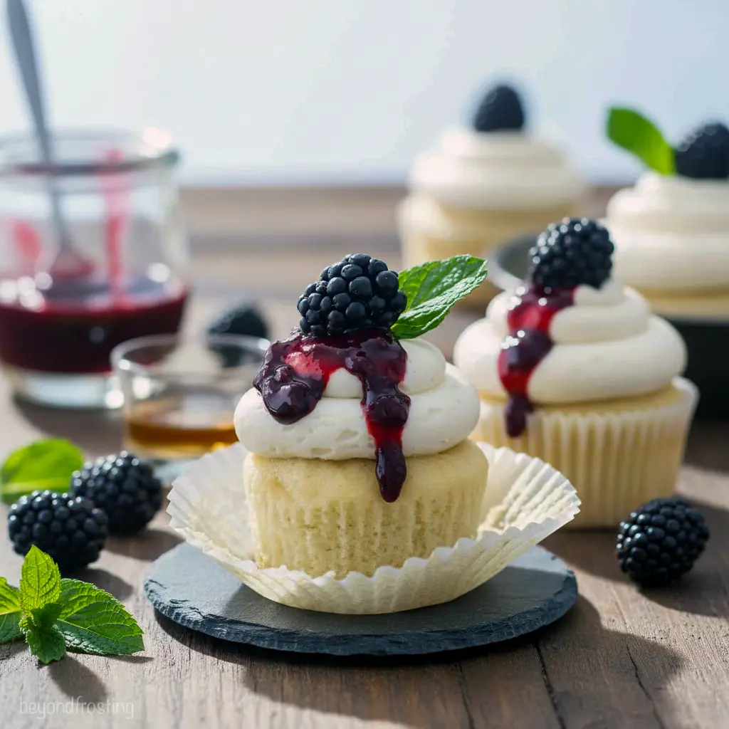 Close-up of a frosted cupcake with blackberry drizzle and a mint garnish — adult party treat for Liquor Desserts, ideal for Baking With Alcohol, and a top pick among Booze Desserts, Easy Alcohol Dessert Recipes.
