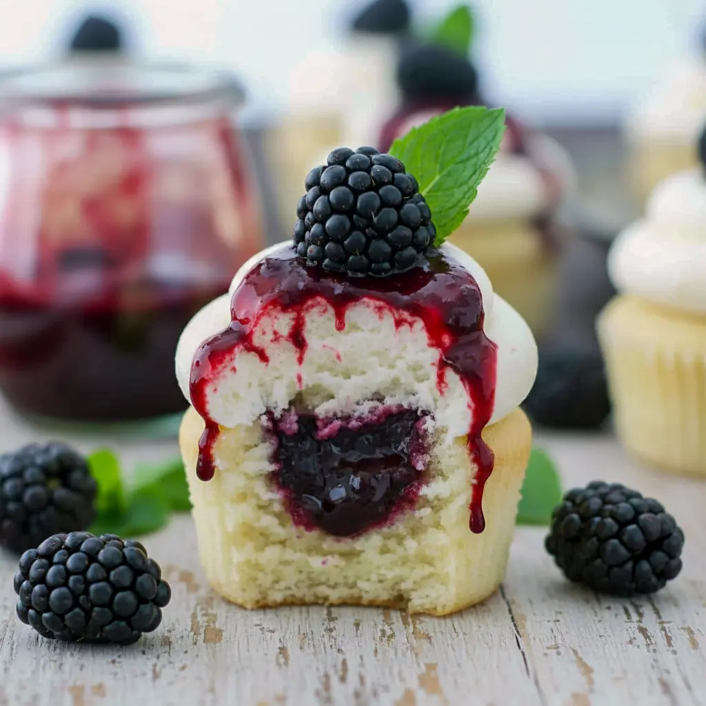 Close-up of a frosted cupcake with blackberry drizzle and a mint garnish — adult party treat for Liquor Desserts, ideal for Baking With Alcohol, and a top pick among Booze Desserts, Easy Alcohol Dessert Recipes.