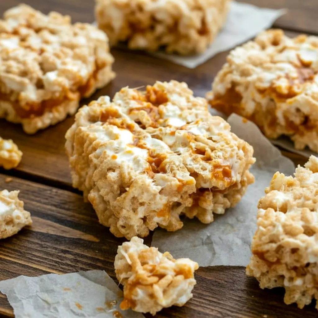 Close-up shot of brown butter dulce de leche Rice Krispie Treats, layered with gooey caramel and topped with extra marshmallows, creating soft, chewy Crispy Treats perfect for fans of gourmet Cereal Treats and Baking Sweets.