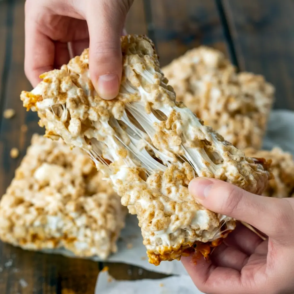 Close-up shot of brown butter dulce de leche Rice Krispie Treats, layered with gooey caramel and topped with extra marshmallows, creating soft, chewy Crispy Treats perfect for fans of gourmet Cereal Treats and Baking Sweets.