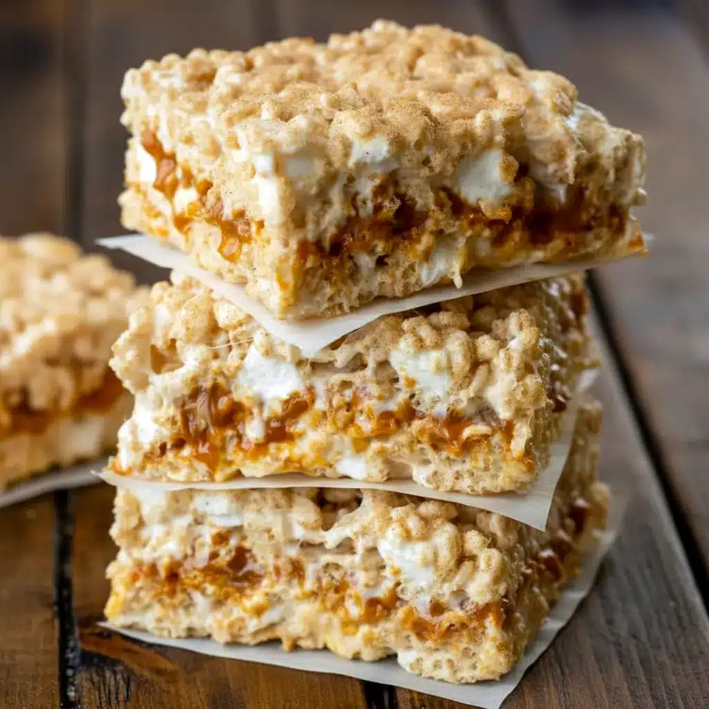 Close-up shot of brown butter dulce de leche Rice Krispie Treats, layered with gooey caramel and topped with extra marshmallows, creating soft, chewy Crispy Treats perfect for fans of gourmet Cereal Treats and Baking Sweets.