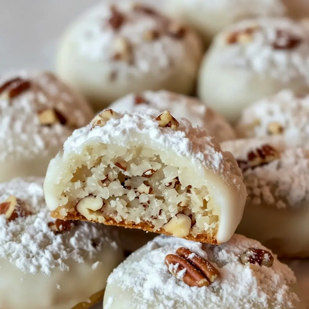 Stack of powdered sugar-dusted pecan snowball cookies on a festive plate, showing crumbly texture and chopped pecan pieces, Easy Snowball Cookies.