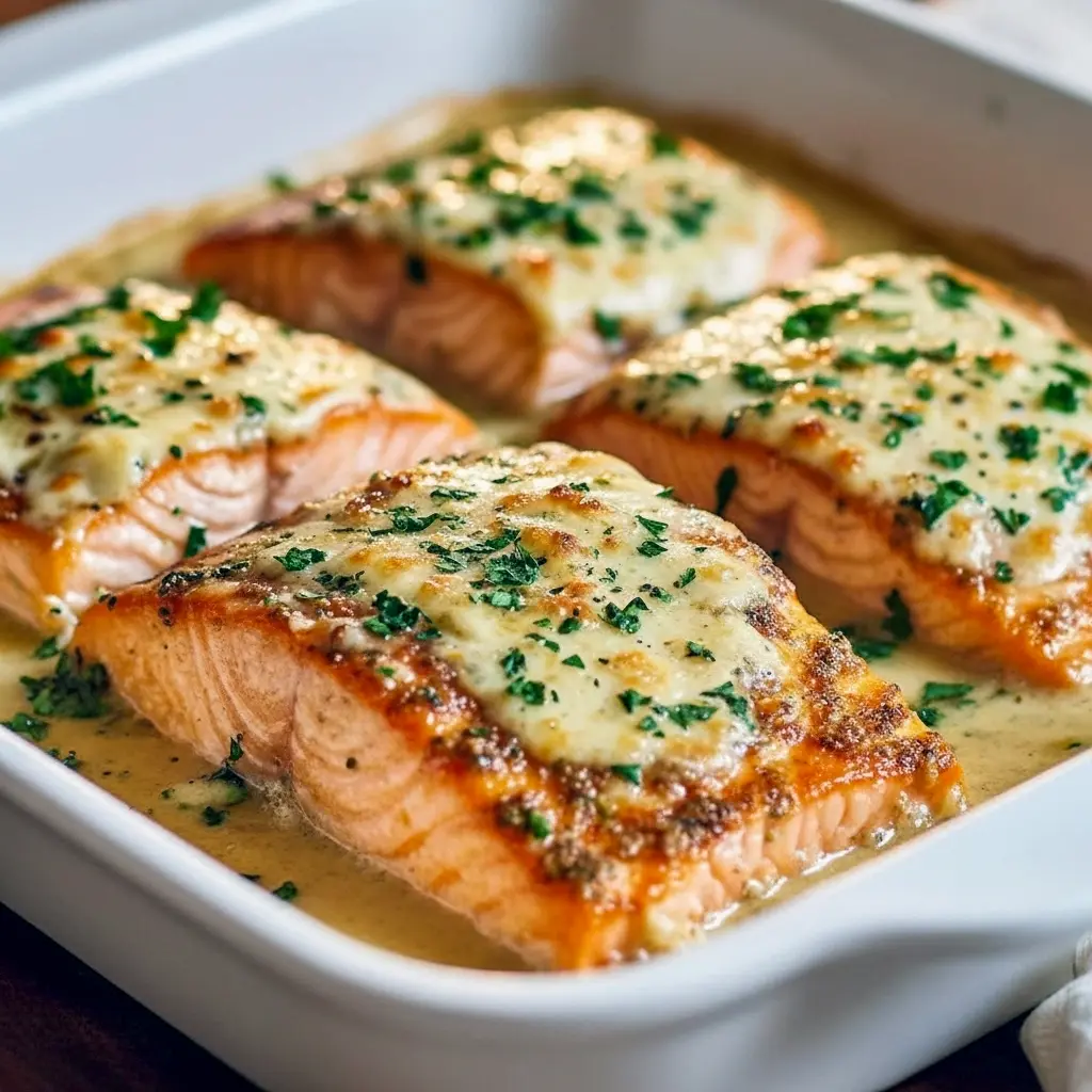 Creamy oven-baked salmon topped with garlic herb Boursin cheese, served on a white plate with lemon wedges and fresh herbs, perfect for an easy, elegant dinner, Fish Dinner.
