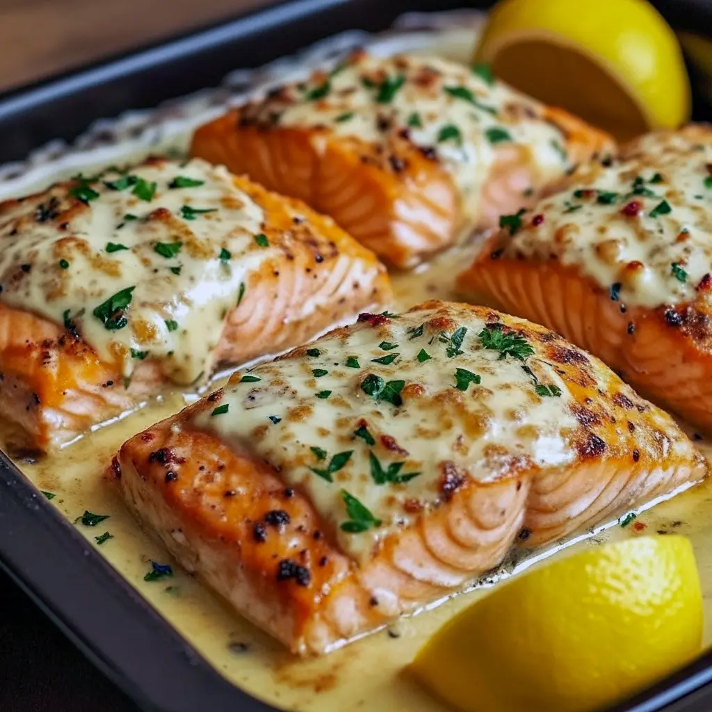 Creamy oven-baked salmon topped with garlic herb Boursin cheese, served on a white plate with lemon wedges and fresh herbs, perfect for an easy, elegant dinner, Fish Dinner.
