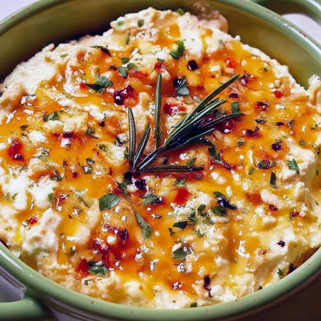 Small baking dish with bubbling, golden Boursin dip drizzled with hot honey and garnished with thyme, served with toasted baguette slices, Boursin Cheese Dip Hot Honey.