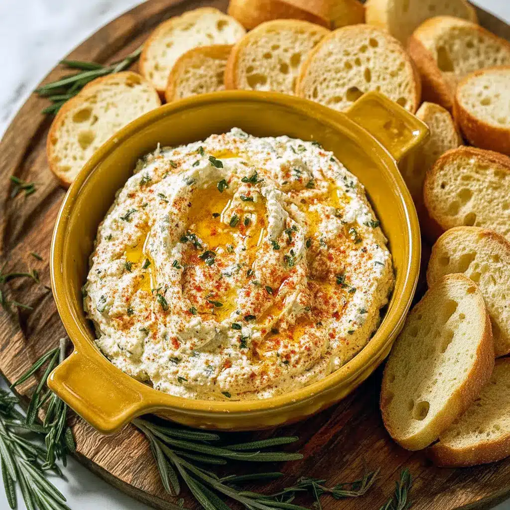 Small baking dish with bubbling, golden Boursin dip drizzled with hot honey and garnished with thyme, served with toasted baguette slices, Boursin Cheese Dip Hot Honey.