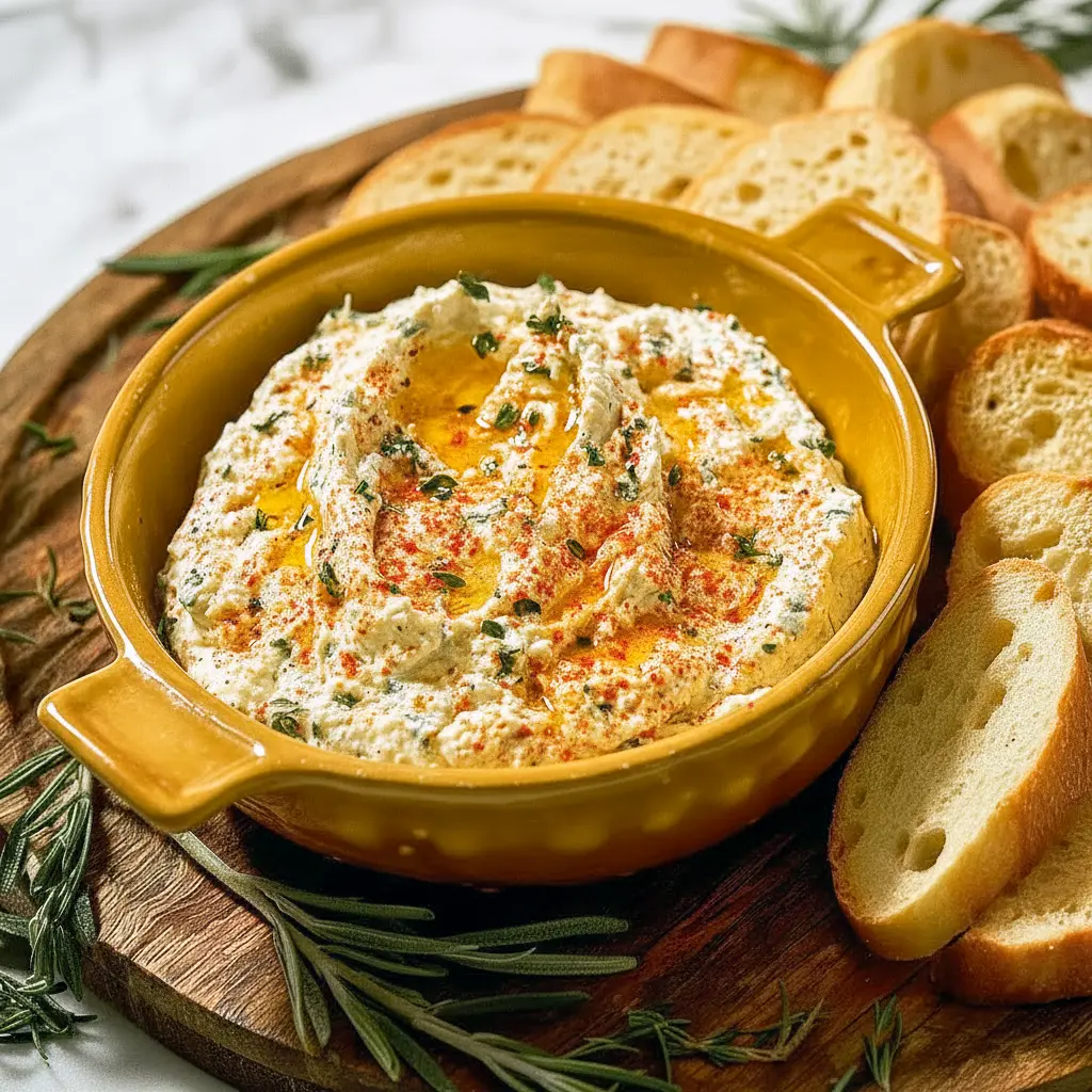 Small baking dish with bubbling, golden Boursin dip drizzled with hot honey and garnished with thyme, served with toasted baguette slices, Boursin Cheese Dip Hot Honey.
