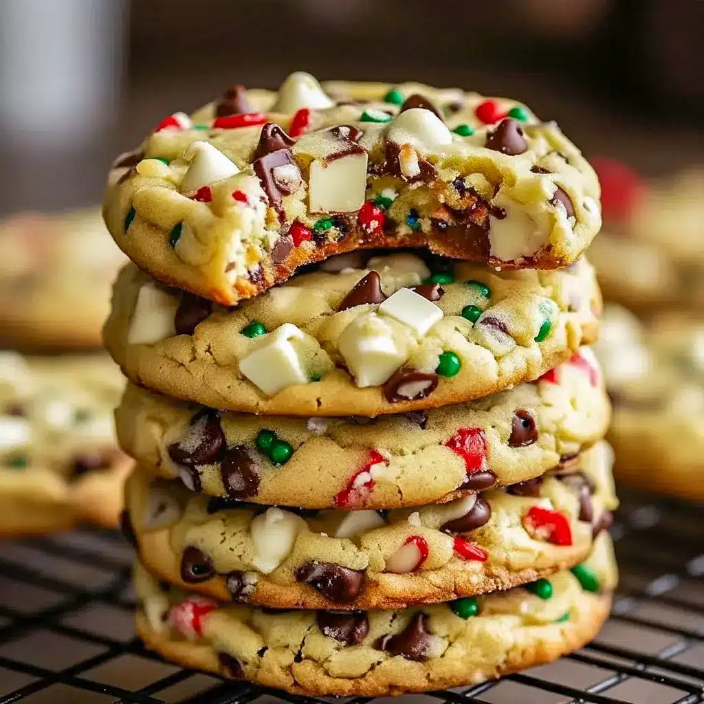 A cooling rack piled with Winter Wonderland Cookies Recipe cookies — the Best Cookies To Make With Kids, perfect for an Everything Christmas Cookies cookie box, Homemade Heaven Winter Wonderland Chocolate Chip Cookies.