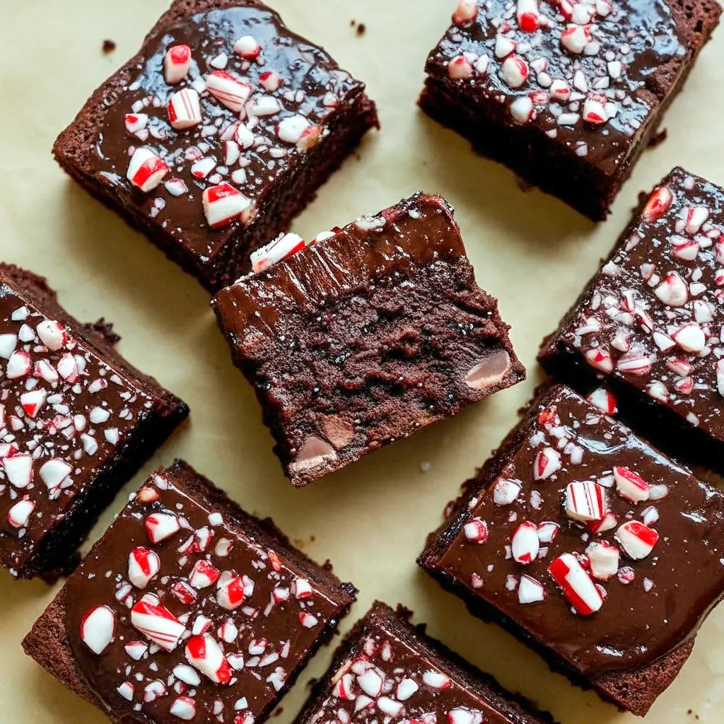 Close-up of glossy peppermint brownie squares with crushed candy cane topping on a rustic board — a tasty Peppermint Recipes shot for cozy Christmas Cooking, ideal bite-sized Baking Sweets and festive Christmas Snacks, Holiday Desserts.