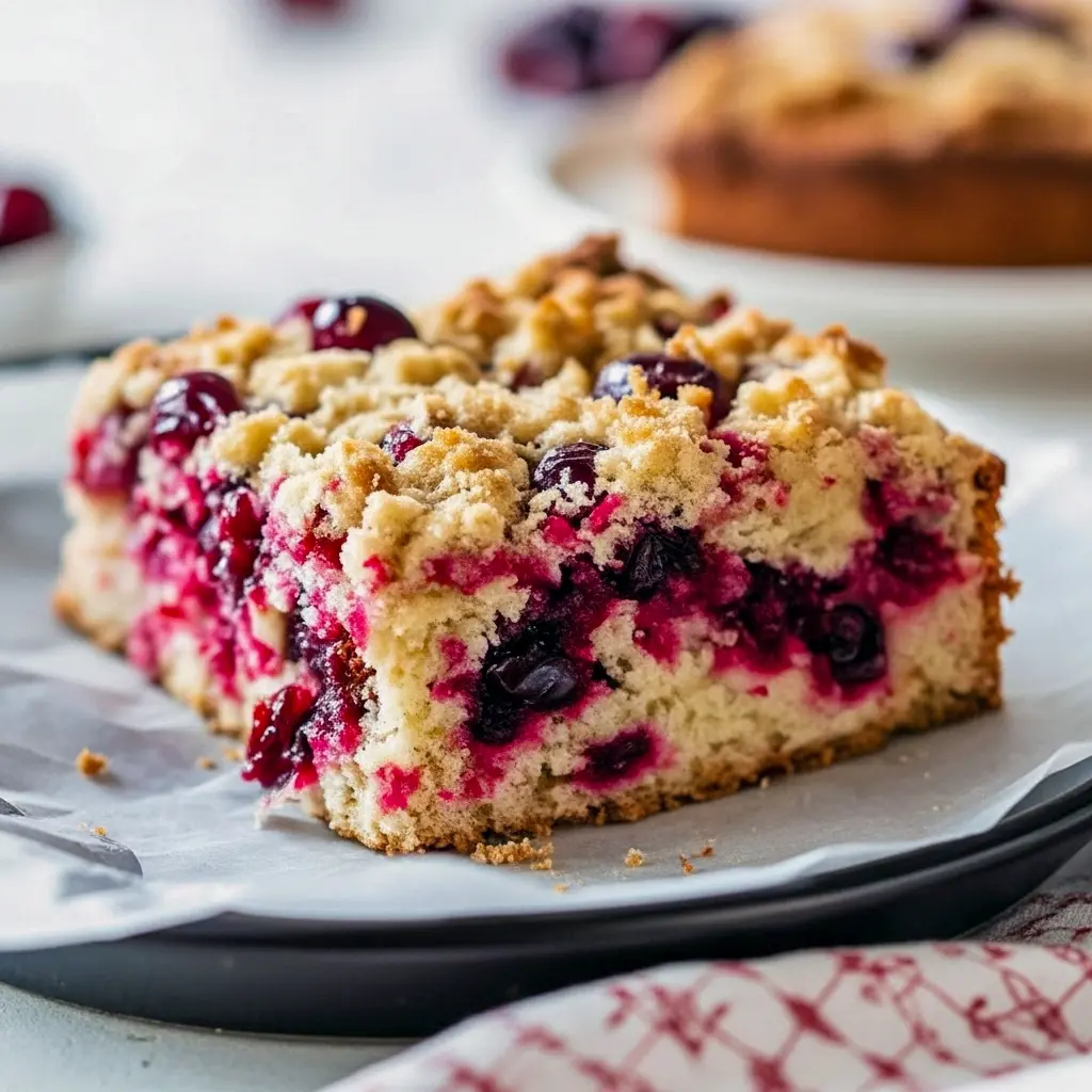 Close-up of a golden-crusted cranberry bar topped with bright red cranberries, cut into squares on a festive napkin, Best Christmas Eve Desserts.