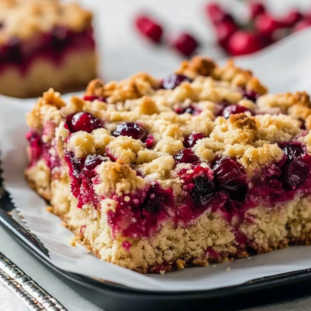 Close-up of a golden-crusted cranberry bar topped with bright red cranberries, cut into squares on a festive napkin, Best Christmas Eve Desserts.
