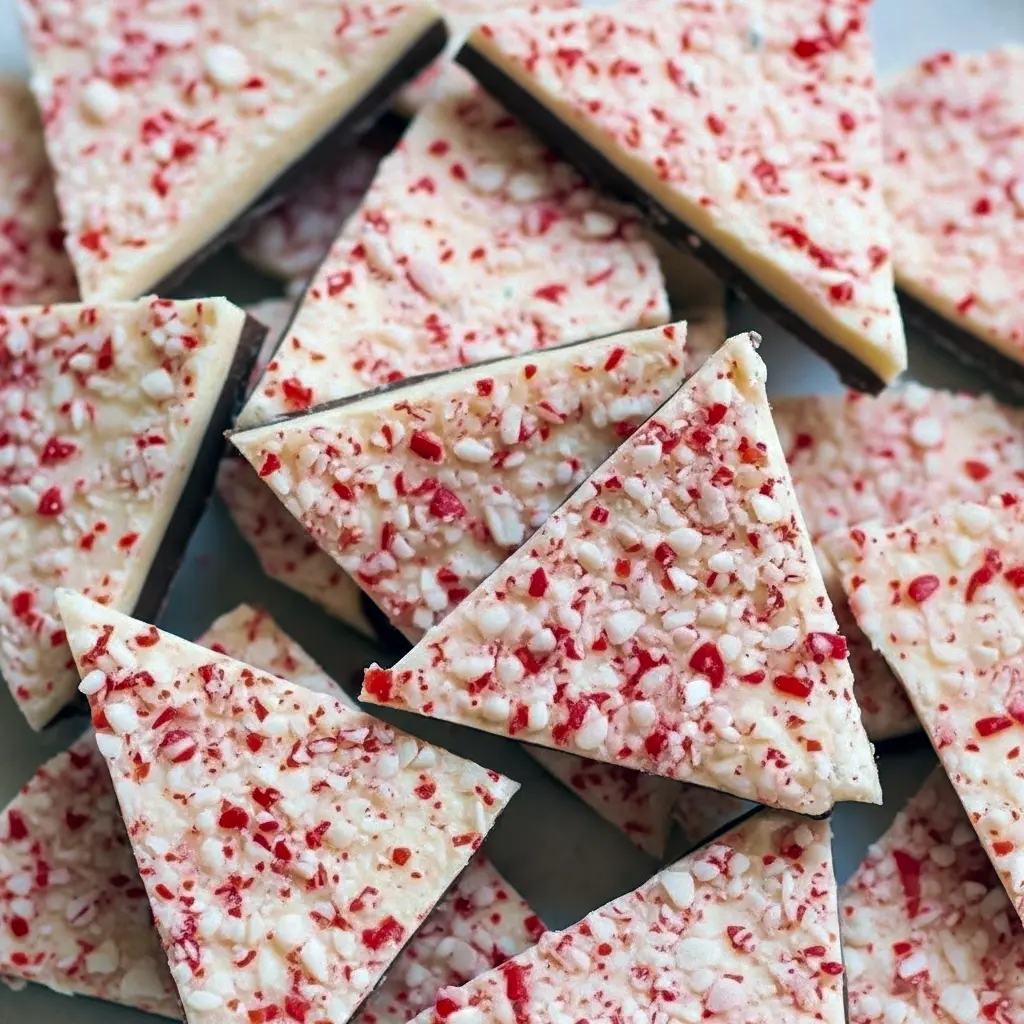 Close-up of salted peppermint chocolate bark shards on parchment, sprinkled with crushed candy cane and flaky sea salt, stacked for gifting, Easy Homemade Christmas Desserts.