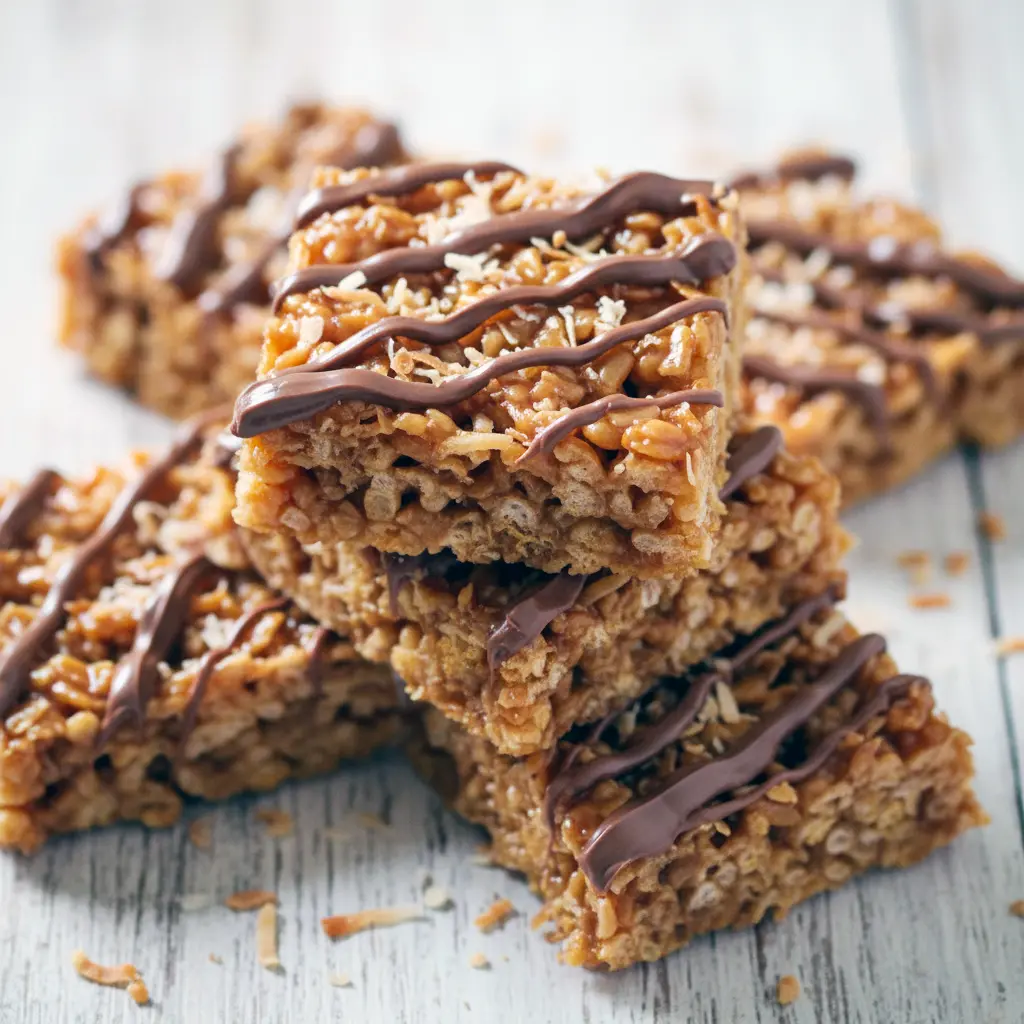 Close-up of Samoa-style bars topped with toasted coconut and chocolate drizzle; note for a Low Carb Dessert alternative, Rice Krispie Treats.
