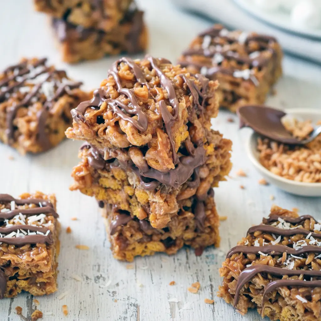 Close-up of Samoa-style bars topped with toasted coconut and chocolate drizzle; note for a Low Carb Dessert alternative, Rice Krispie Treats.