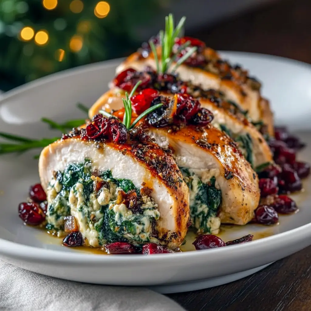 Sliced spinach-and-cranberry stuffed chicken breast on a platter, garnished with fresh herbs and a drizzle of pan juices, Christmas Chicken Ideas.