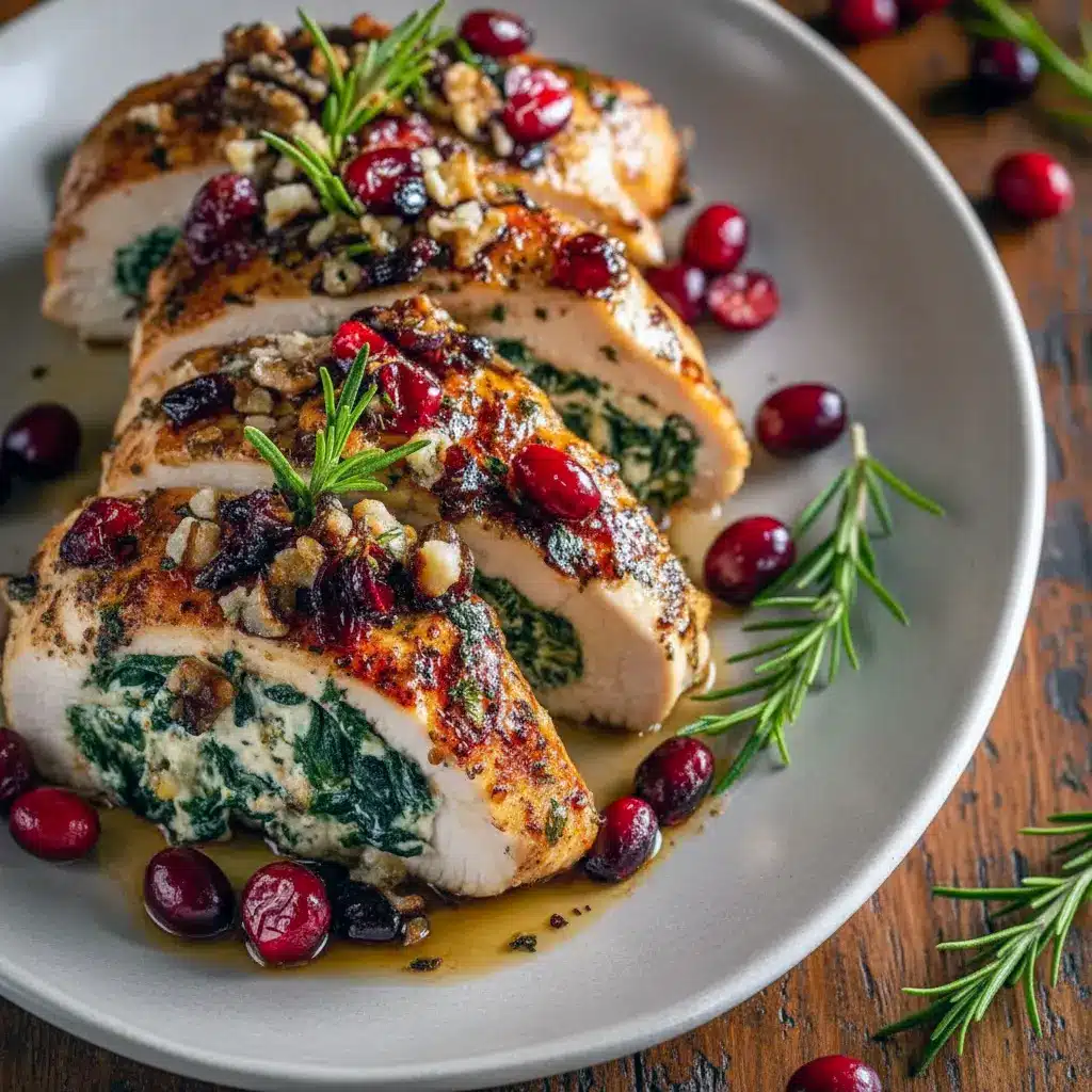 Sliced spinach-and-cranberry stuffed chicken breast on a platter, garnished with fresh herbs and a drizzle of pan juices, Christmas Chicken Ideas.