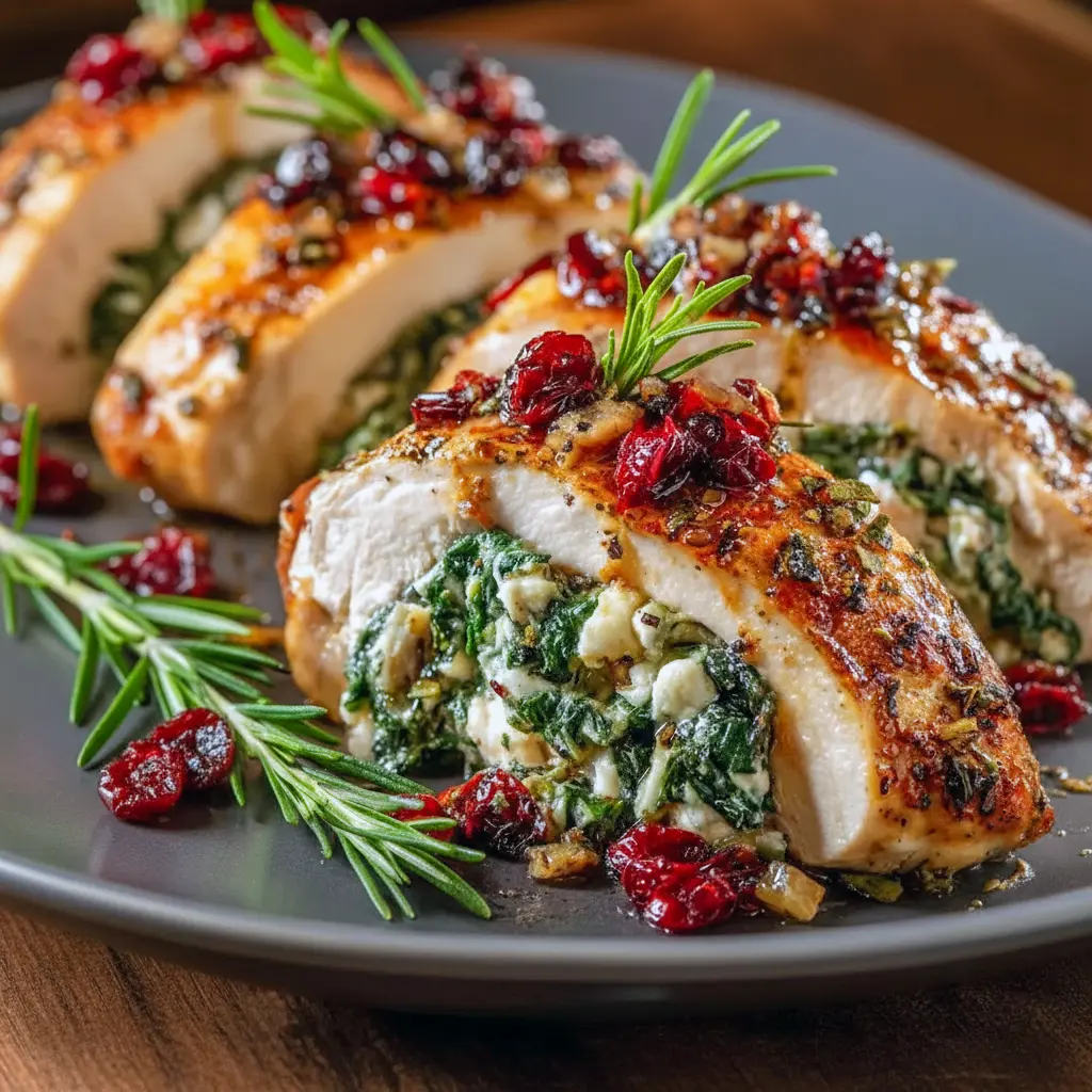 Sliced spinach-and-cranberry stuffed chicken breast on a platter, garnished with fresh herbs and a drizzle of pan juices, Christmas Chicken Ideas.