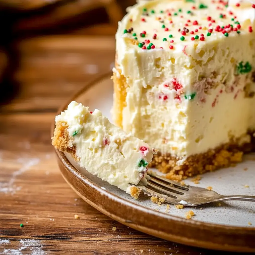 Sliced sugar cookie cheesecake on a festive plate, showing a golden cookie crust and creamy filling topped with whipped cream, sprinkles, and fresh berries, Christmas Baked Cheesecake.