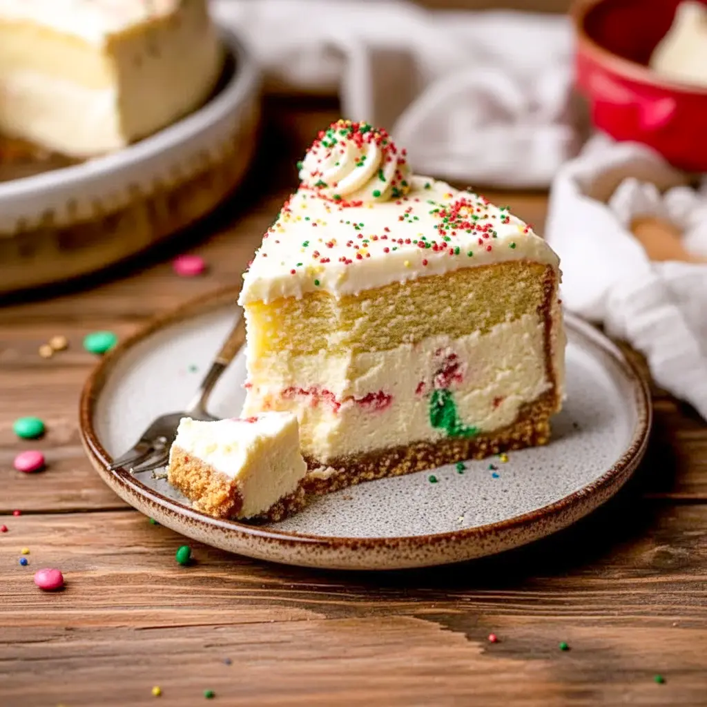 Sliced sugar cookie cheesecake on a festive plate, showing a golden cookie crust and creamy filling topped with whipped cream, sprinkles, and fresh berries, Christmas Baked Cheesecake.