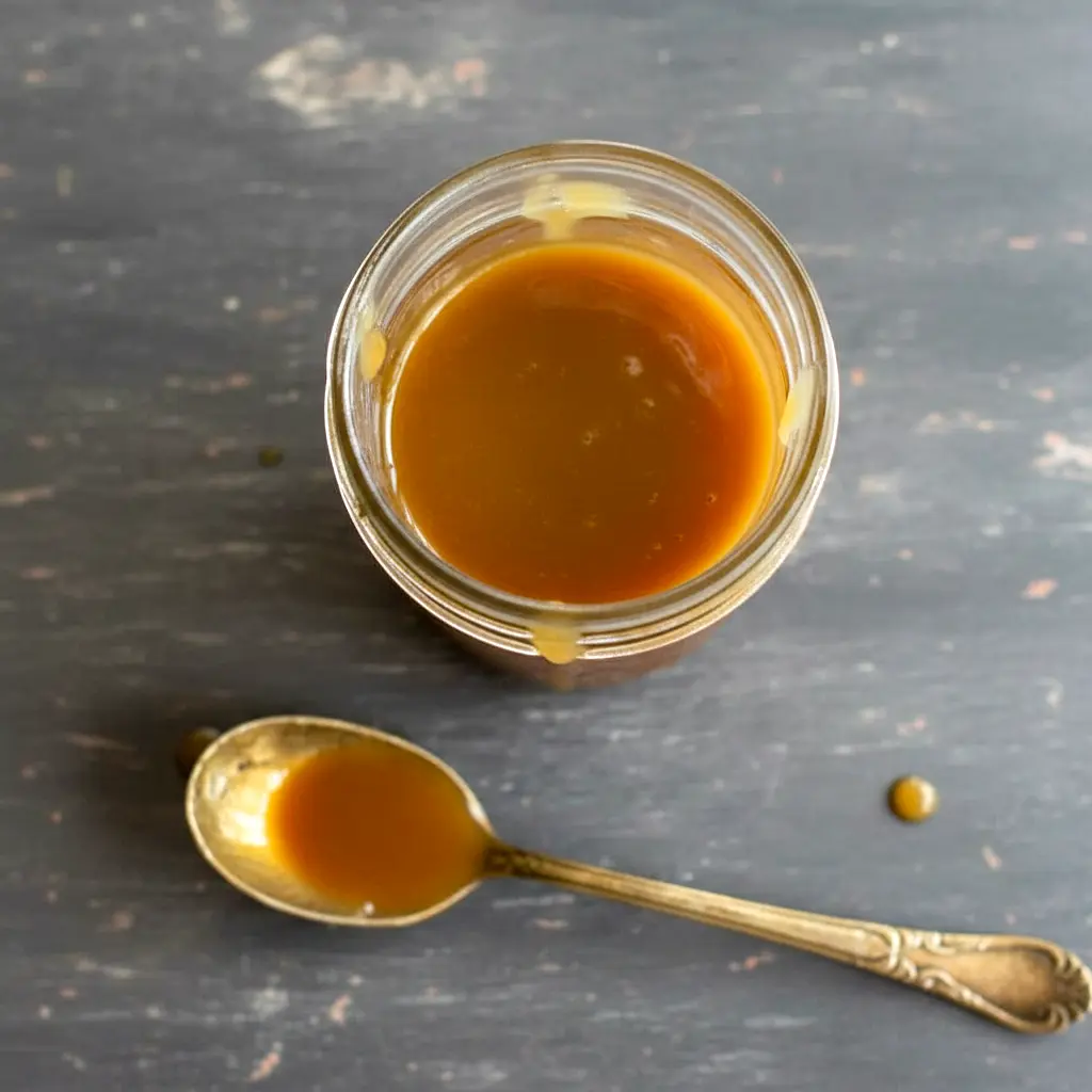 Keto Salted Caramel spoon pouring into a jar, glossy and thick; caption notes Low Carb Keto Caramel Sauce Recipe, nearby are bite-size Keto Caramel Fat Bomb Recipe squares and a dish labeled Keto Candy; the photo sits among jars labeled Keto Sauces and a stack of Breakfast Low Carb pancakes, suggesting easy Keto Dessert Easy and other Low Carb Sweets for Joy Filled Eats.