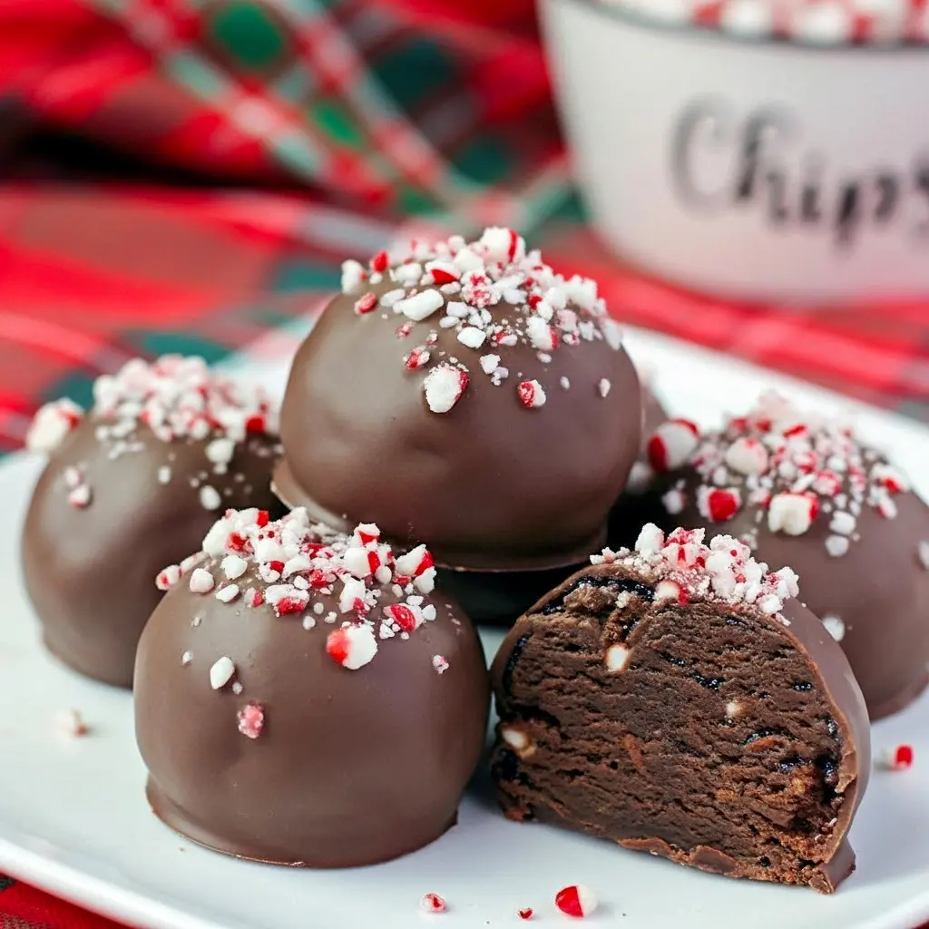 Close-up of a milk-chocolate coated brownie truffle sprinkled with crushed red-and-white candy cane pieces on a parchment-lined tray, Peppermint Candy Cane Brownies.
