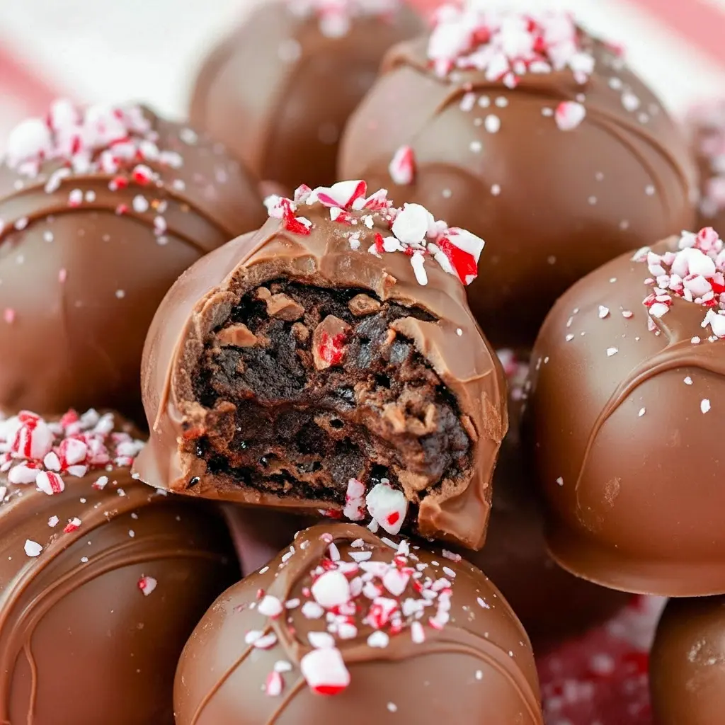 Close-up of a milk-chocolate coated brownie truffle sprinkled with crushed red-and-white candy cane pieces on a parchment-lined tray, Peppermint Candy Cane Brownies.