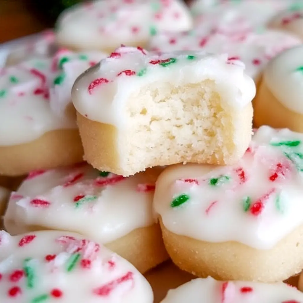 Close-up of frosted peppermint meltaway cookies dusted with crushed candy cane, stacked on a festive plate.