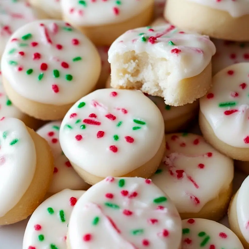 Close-up of frosted peppermint meltaway cookies dusted with crushed candy cane, stacked on a festive plate.