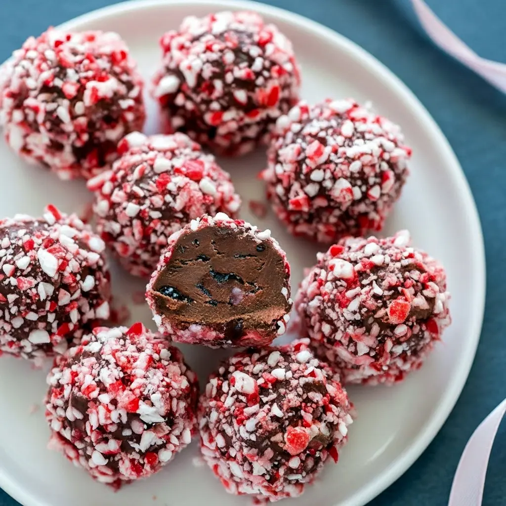 Close-up of glossy peppermint truffles coated in crushed candy cane and cocoa, arranged on a festive tray, Peppermint Truffles Recipe.