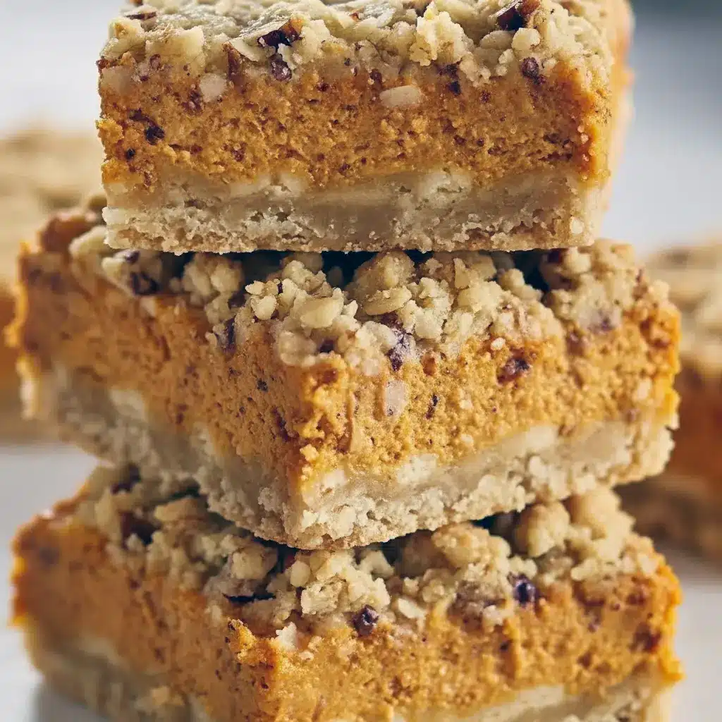 Pumpkin Pie Crumble Bars sliced on parchment, revealing a creamy pumpkin cheesecake center beneath a golden oat-and-pecan streusel topping.