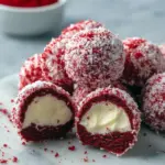 Close-up of round red velvet snowball cookies with a light dusting of powdered sugar, stacked on a festive plate with pine sprigs in the background, Sweet Holiday Treats.