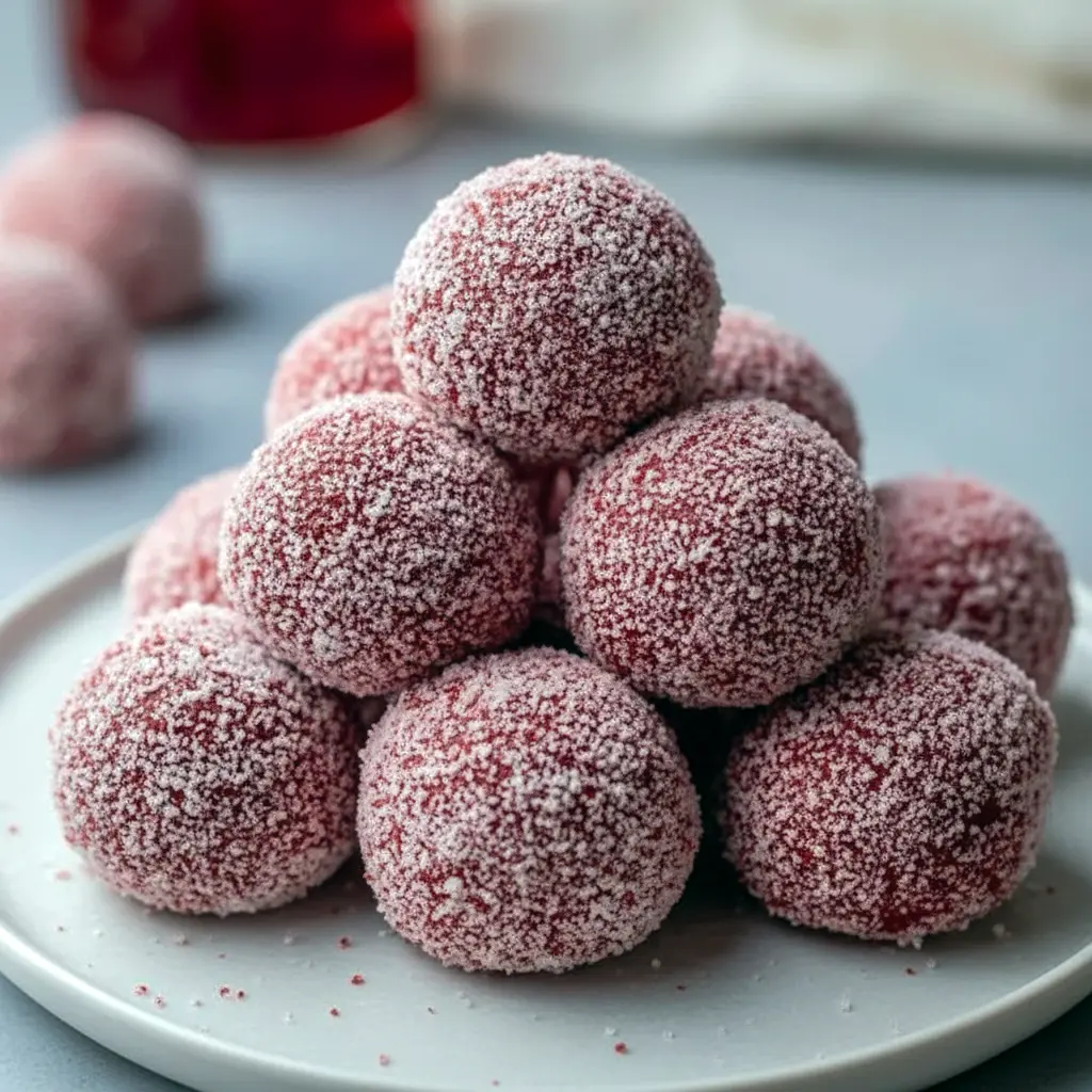 Close-up of round red velvet snowball cookies with a light dusting of powdered sugar, stacked on a festive plate with pine sprigs in the background, Sweet Holiday Treats.