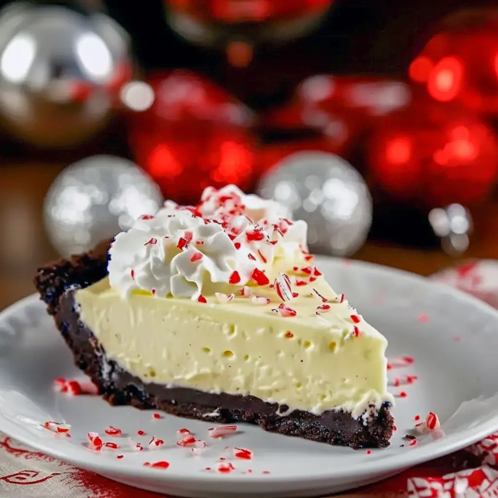 Slice of white chocolate peppermint pie with whipped cream, crushed candy cane and white chocolate shavings on a chocolate cookie crust — a mouthwatering Christmas Desserts Chocolate photo that reads like a Peppermint Cream Cheese Pie and White Chocolate Peppermint Oreo Pie in one; ideal for White Christmas Pie Recipes, fans of a classic Peppermint Pie, lovers of Peppermint Cream Pie, and perfect for holiday galleries of Christmas Baking Recipes Desserts, Christmas Cream Pie features, or Cream Pies No Bake roundups.