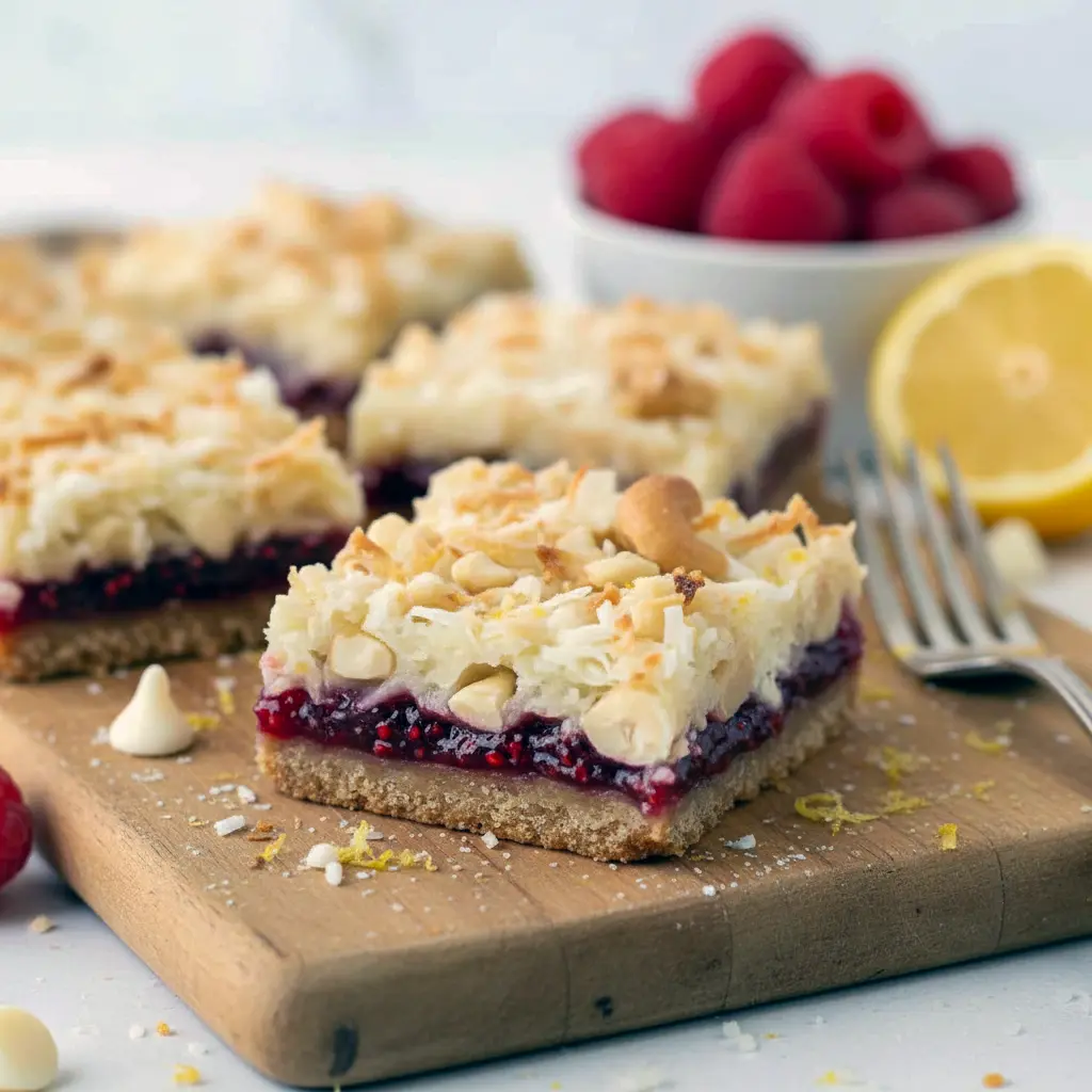 Lemon Magic Cookie Bars — close-up of jam-filled, coconut-topped squares; chewy, glossy Raspberry Jam Bars, Raspberry Magic Bars.