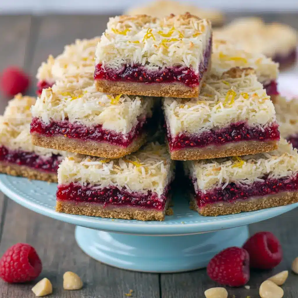 Lemon Magic Cookie Bars — close-up of jam-filled, coconut-topped squares; chewy, glossy Raspberry Jam Bars, Raspberry Magic Bars.